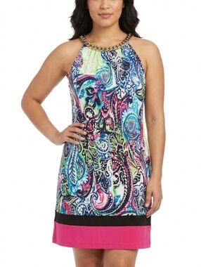 MSK Multicolor Paisley Halter Dress with Gold Chain Accent Women's Size Medium